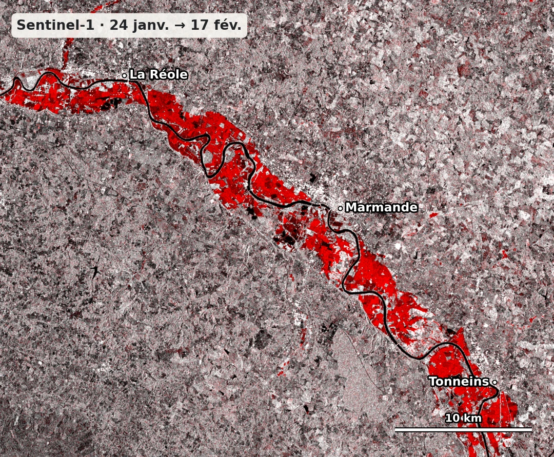 Anomalie radar de la crue de février 2026 entre La Réole et Tonneins ; baisses du signal en rouge