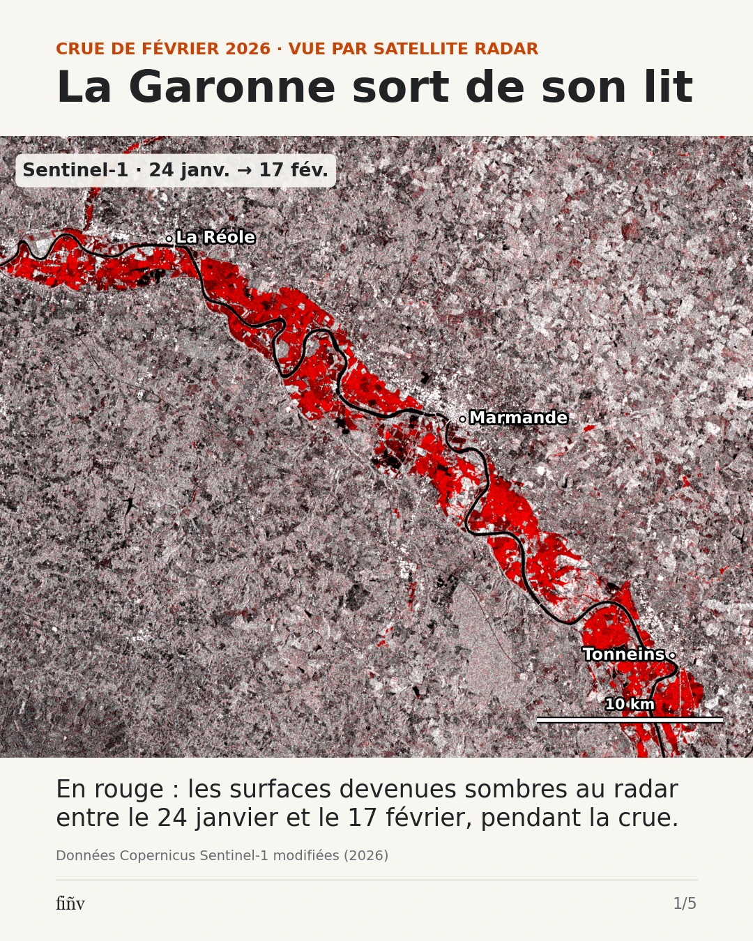 Voir la crue. En rouge : les surfaces devenues sombres au radar entre le 24 janvier et le 17 février 2026. Ces changements sont cohérents avec la crue ; ils ne délimitent pas une emprise inondée validée sur le terrain.